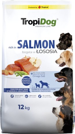 Tropidog Premium Adult Medium & Large Breeds Łosoś Z Ryżem 12kg Tropidog