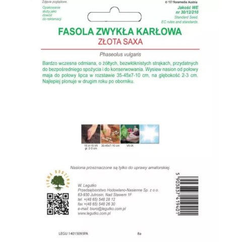 Fasola szparagowa karłowa 'Złota Saxa' - żółtostrąkowa, wczesna W.Legutko