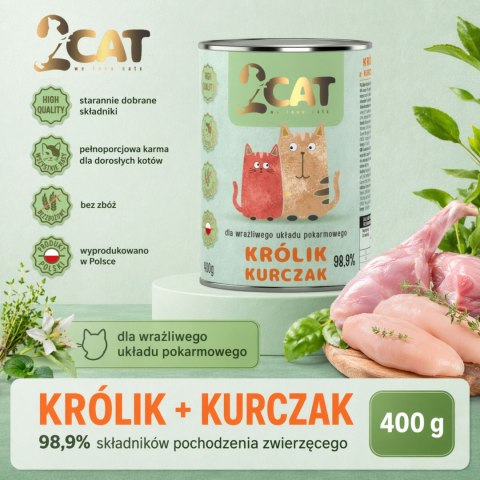 KARMA MOKRA DLA KOTA 2Cat Królik Kurczak 98,9% MIĘSA PREMIUM 400g BEZ ZBÓŻ