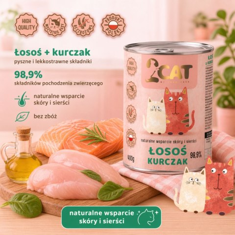 KARMA MOKRA DLA KOTA 2Cat Łosoś Kurczak 98,9% MIĘSA PREMIUM 400g BEZ ZBÓŻ