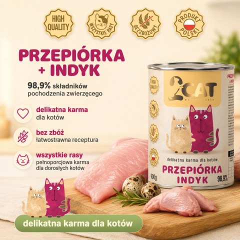KARMA MOKRA DLA KOTA 2Cat Przepiórka Indyk 98,9% MIĘS PREMIUM 400g BEZ ZBÓŻ