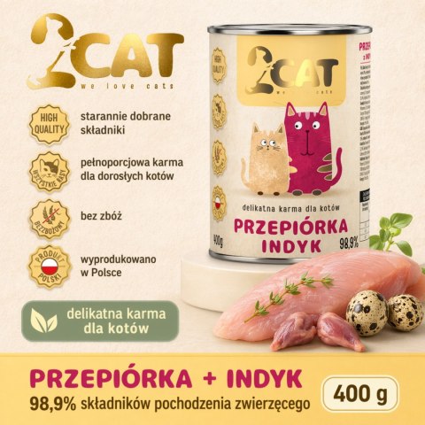 KARMA MOKRA DLA KOTA 2Cat Przepiórka Indyk 98,9% MIĘS PREMIUM 400g BEZ ZBÓŻ